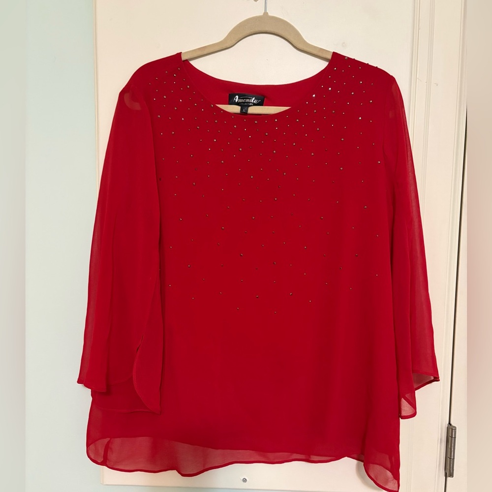 Avenue Red Chiffon Blouse with Rhinestone Detail